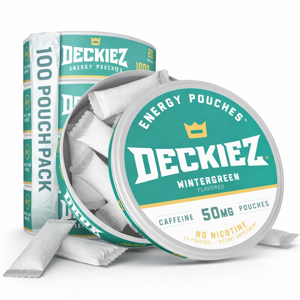 Deckiez Energi Pouches, 5 Cans (100 krukker), sukker gratis koffein Supplement, Kaffe Pouches & Energi Drikke Alternativ, 50 mg Koffein Pouches, Wintergreen Flavor