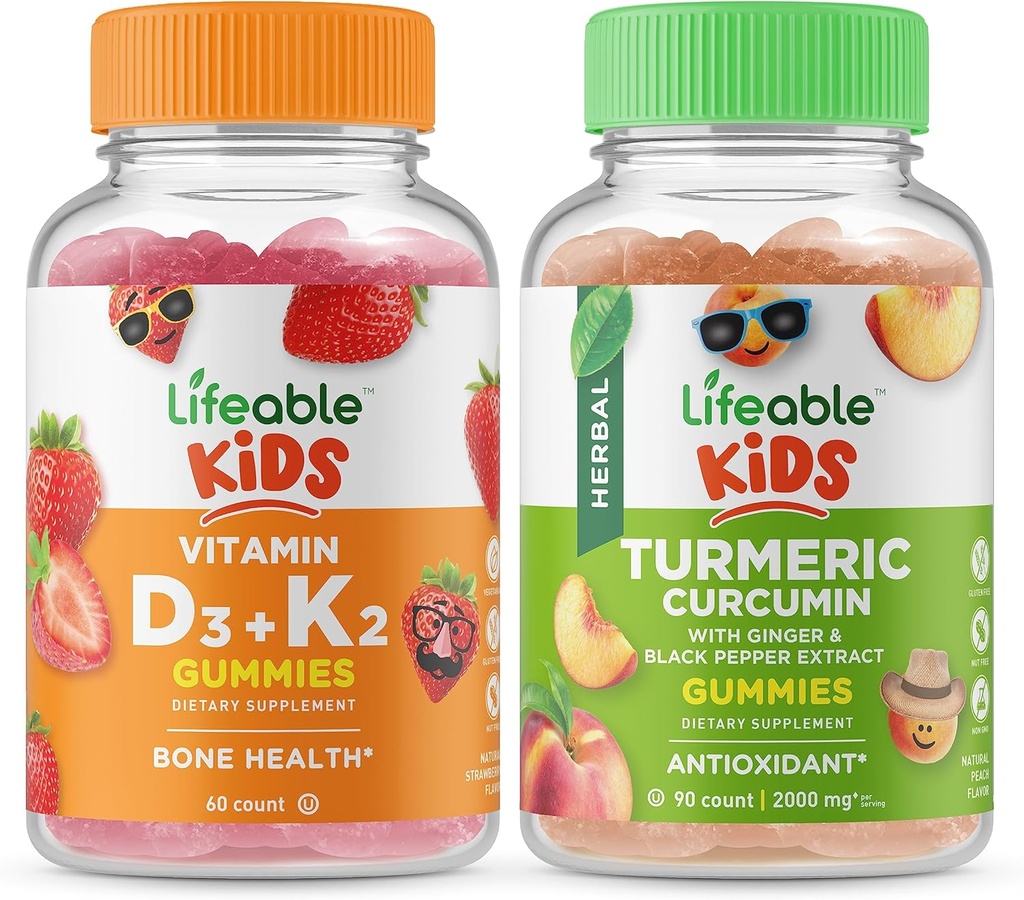 Livbar vitamin D3 + vitamin K2 Kids + gurkemeie curcumin Kids, gummi Bundle - Great Tasting, vitamin Supplement, Glutenfri, GMO Free, Chewable Gummy