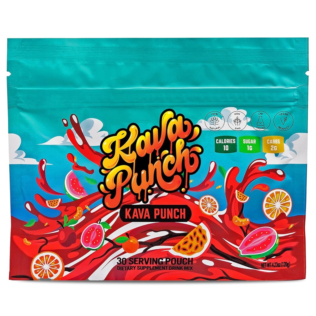 Kava Punch Relaxation Powder – 30 servering Pouch med premium Kava Kava ekstrakt | Daglig stress Relief Supplement | Ikke-alkoholisk, lav-kalori, sunn drikke Blande | alkohol alternative drikke med buzz