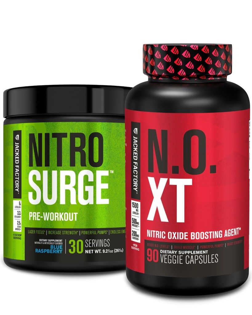 Jacked Factory Nitrosurge Forarbeid i Blå Raspberry & N.O. XT Nitric Oxid Booster for menn og kvinner