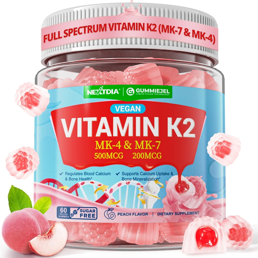 vitamin K2 Gummies MK-7 200 mcg & MK-4 500 mcg for kvinner og menn Sukker Gratis, Perfekt 2-IN-1 Full Spectrum vitamin K2 Supplement for bein, He-art, fremmer kalsiumabsorpsjon, hjerne, tenner, immun, 1Pack