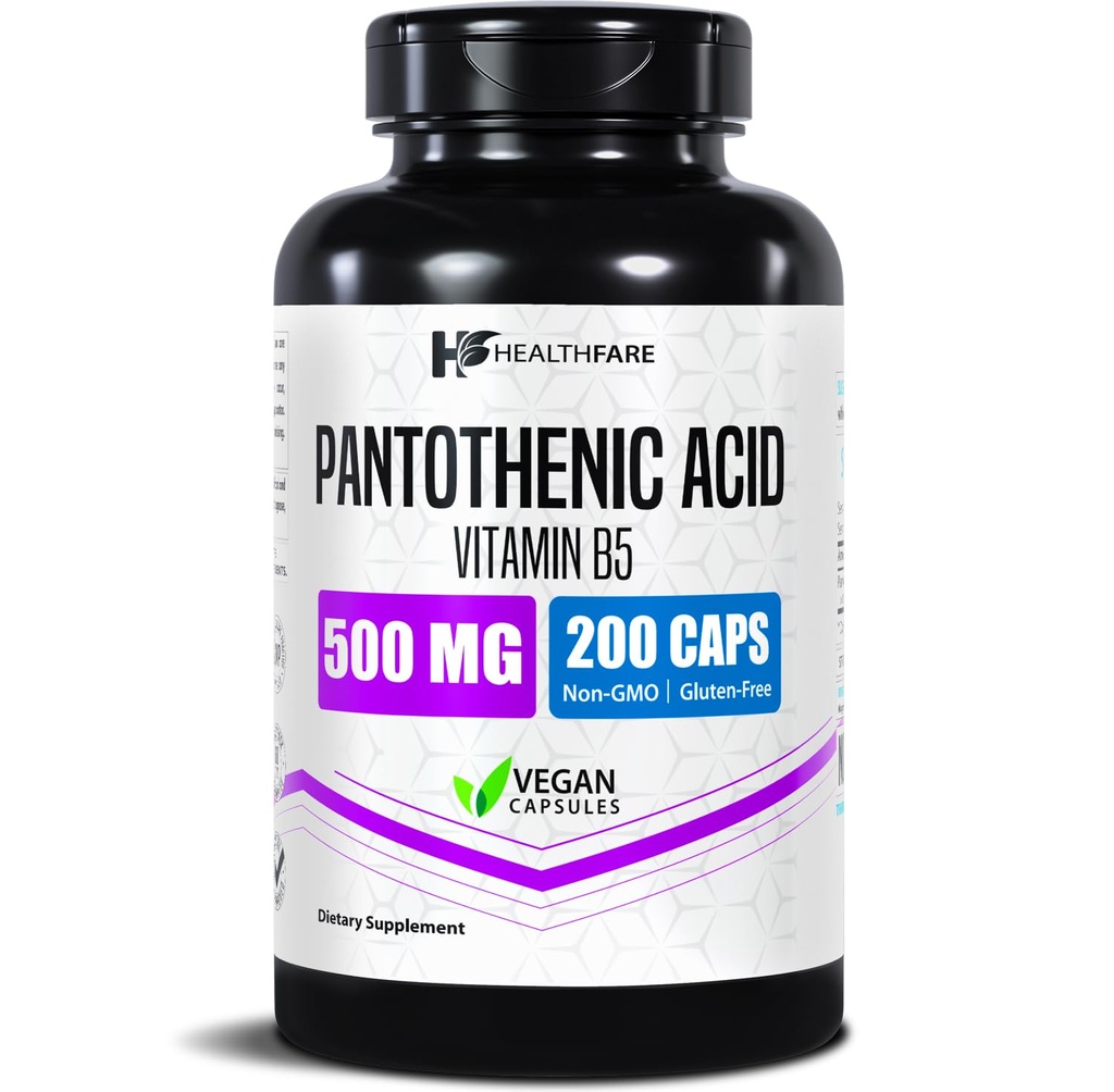 Healthfare Pantothenic Acid 500 mg vitamin B5 Supplement | 200 Vegan Capsules | Extra styrke energi og metabolisme støtte | Ikke-GMO, Glutenfri | laget i USA