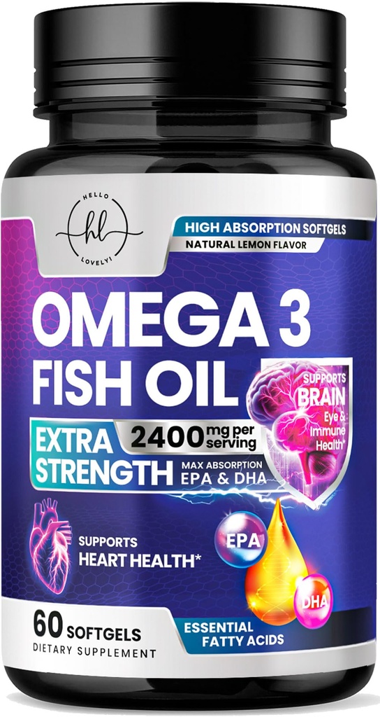 Omega 3 Fish Oil Supplements 2400mg - Triple Styrke Omega 3 fettsyrer, naturlig hjerte Hjerne og felles støtte - fettsyrer med EPA & DHA - Wild Fanget Fish Oil Supplement - 60 Softgels