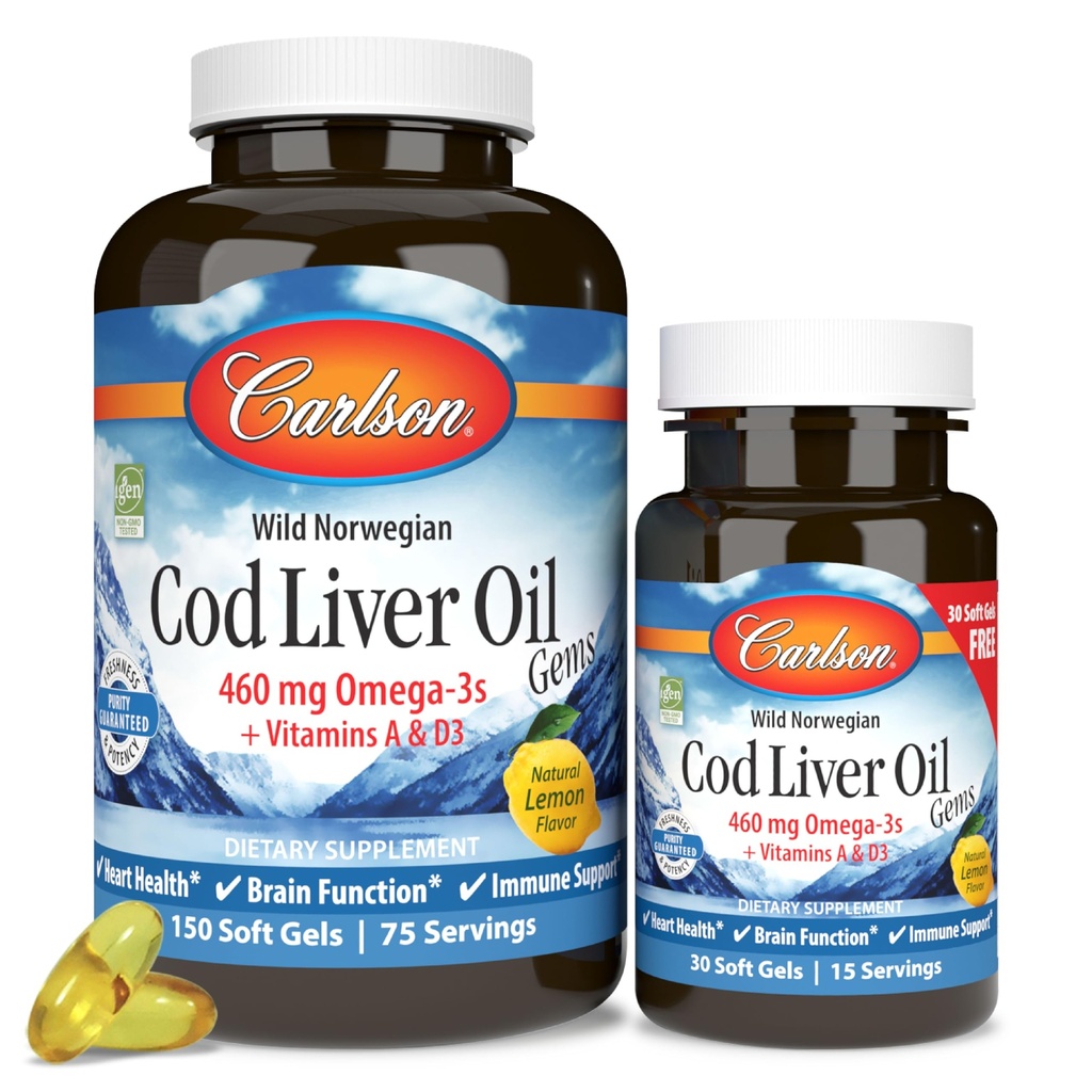 Carlson - Cod Liver Oil Gems, 460 mg Omega-3s, Plus vitaminer A og D3, Wild Caught Norsk Arctic Cod, Sustainly Sourced Nordic Fish Oil Capsules, Lemon, 150 + 30 Softgels