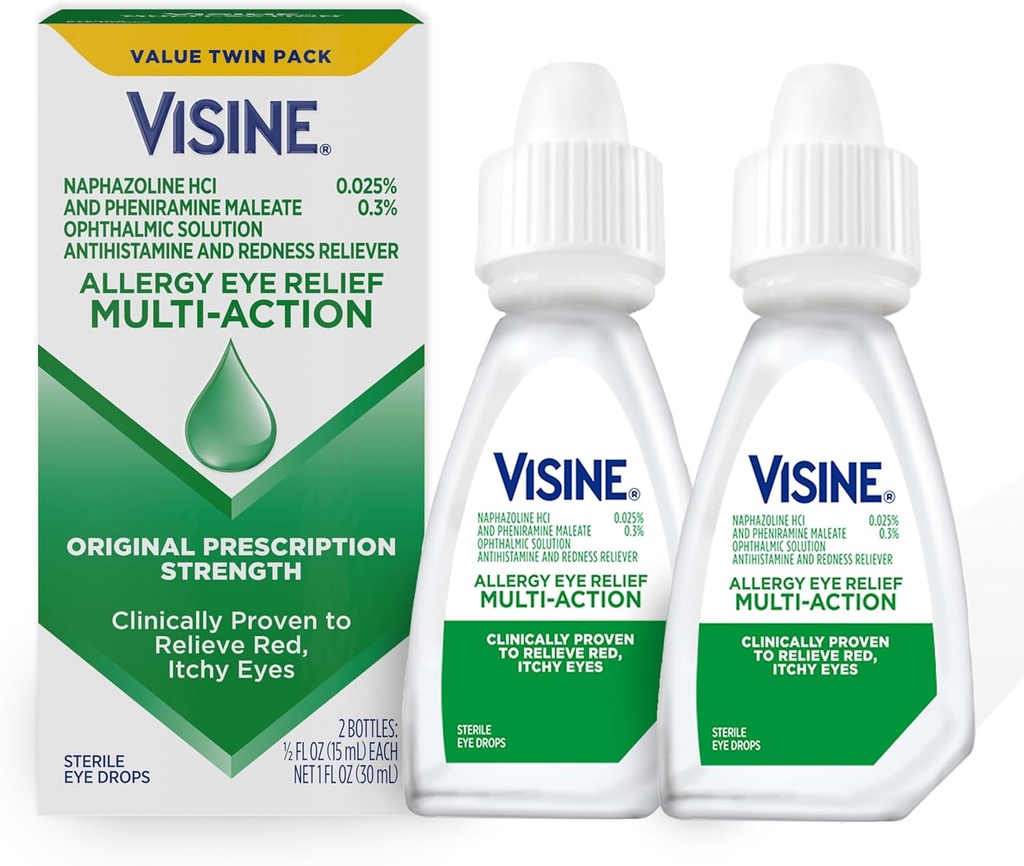 Visine Allergy Eye Relief Multi-Action Antihistamine & Rødhet Relief Eye Drops med Pheniramin Maleate & Naphazoline HCl, Øyefall behandling for rød, kløe, Allergy Eyes, 0,5 fl oz, 2 Pack
