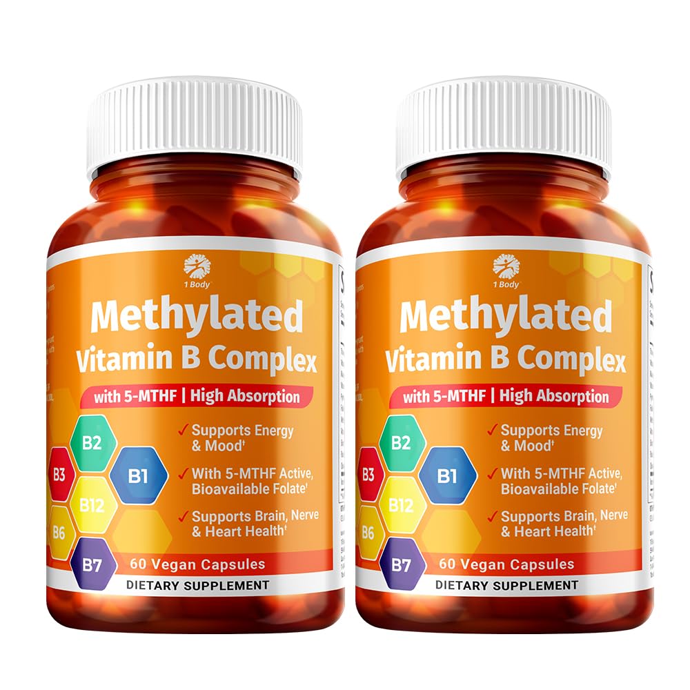 1 Body Vitamin B Complex Twin Pack - 5-MTHF Folat med B1, B2, B5, B6, Metyl B12, Niacin, Biotin – 60 Kapsler Hver