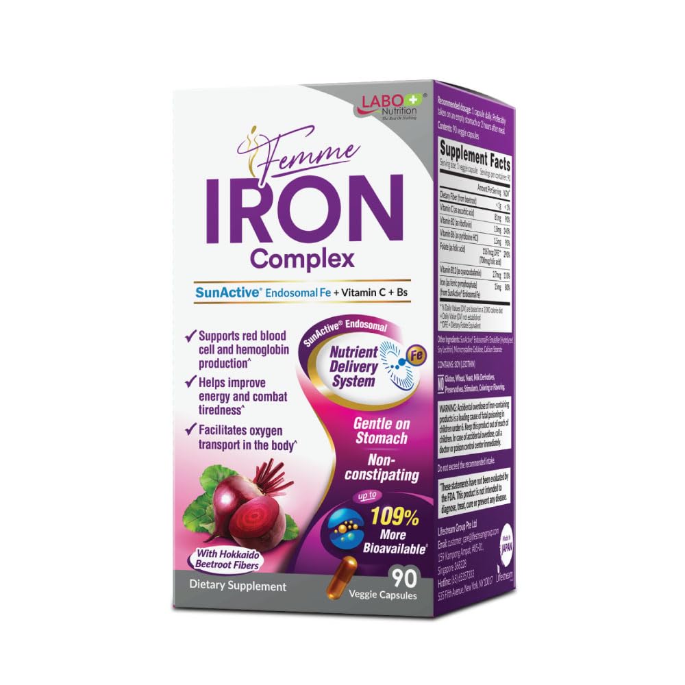 Labo Nutrition Femme Jern Endosomal SunActive, ikke-irriterende 15mg jerntilskudd for blodbuilder, Vegan, Gentle, Ingen metallisk ettersmak, Ikke forstoppende, Ideell for sensitive magene, 90 greve