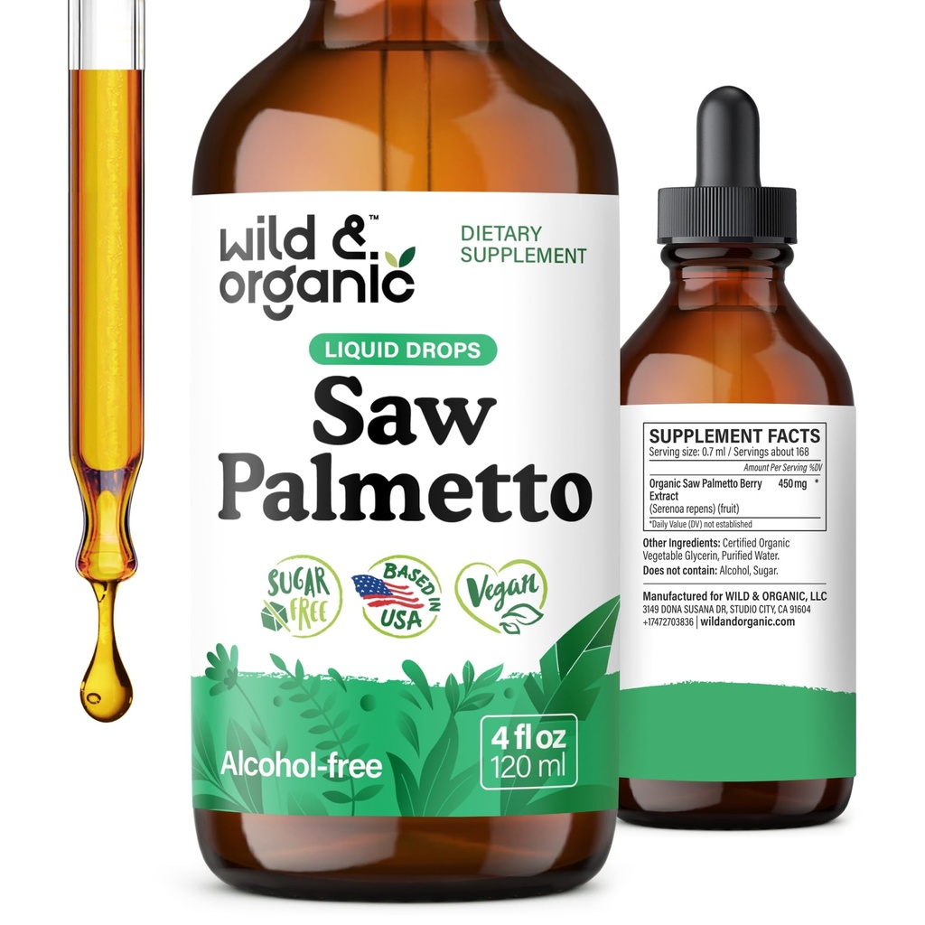 Wild & Organic Saw Palmetto Tinktur - så Palmetto Ekstrakt Supplement for menn og kvinner - flytende pulverbaserte dråper - Serenoa Repens Berries - Vegan, sukker og alkohol-fri - 4 fl oz
