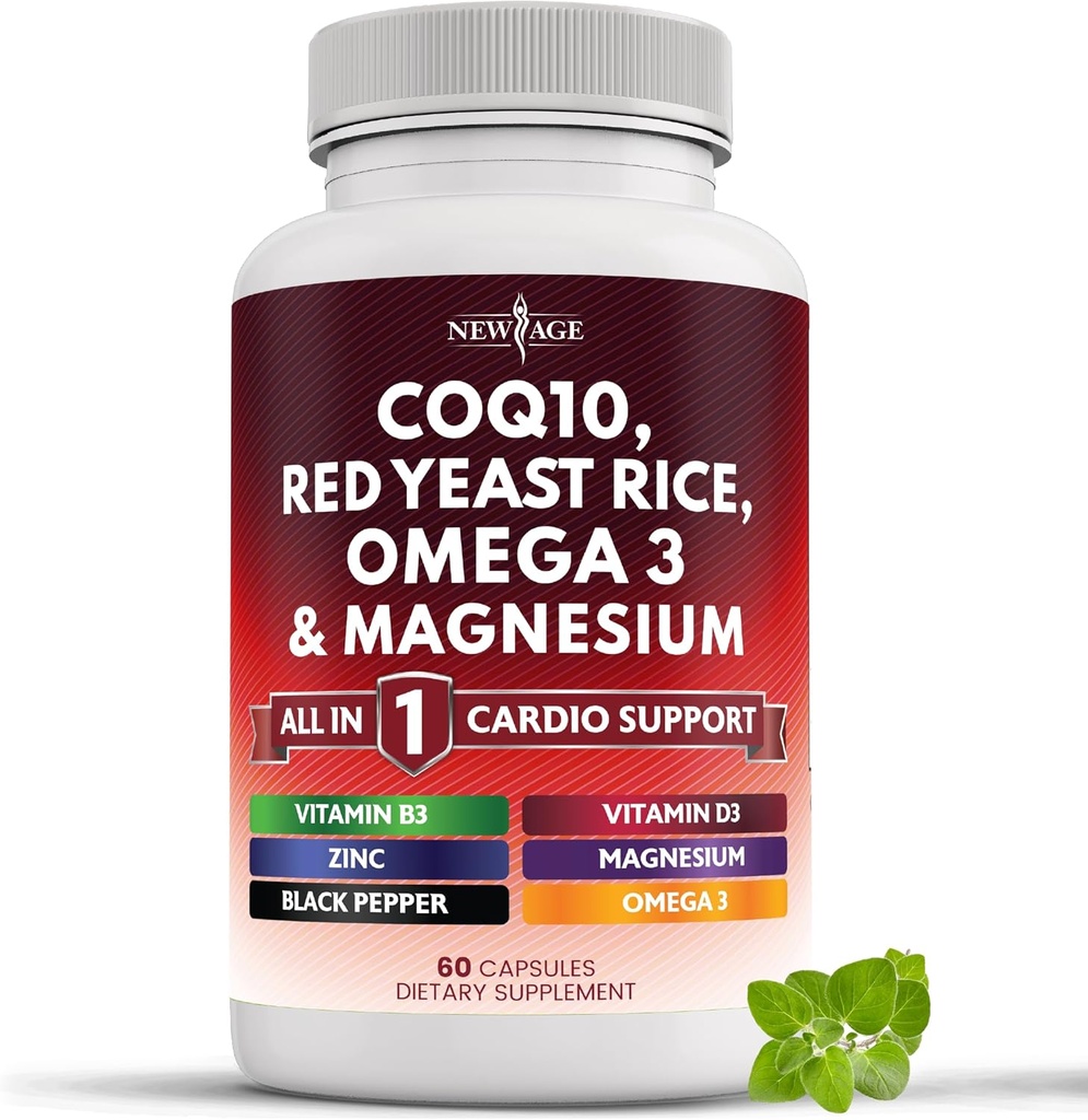 Ny Age COQ10 200mg Rød Yeast Rice, Omega 3, Magnesium Complex, Sink Vitamin K2 D3 - hjerte helse støtte vitaminer for kvinner og menn med vitamin B3, Coenzym Q10-60 greve