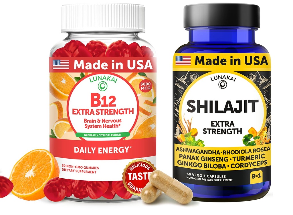 Lunakai USA laget B12 Gummies & Shilajit Kapsler Bundle - Ekstra styrke daglig energi og velvære støtte