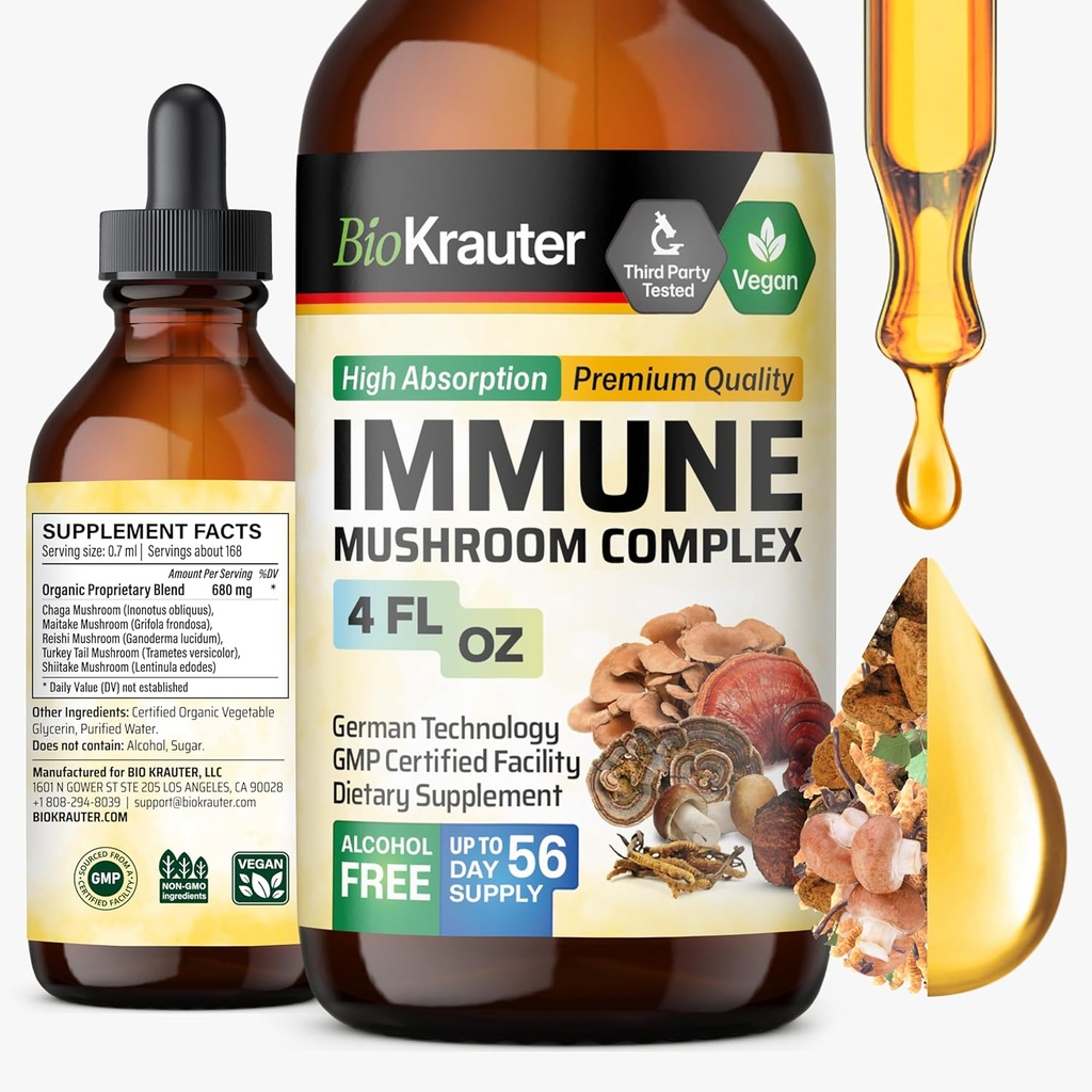 BIO KRAUTER Immun Support Mushroom Supplement - Lions Mane, Shiitake, Tyrkia Tail, Reishi, Chaga & Maitake flytende ekstraksjon - Mushroom Complex Tinkture - Vegansk Drops 4 Fl.Oz.
