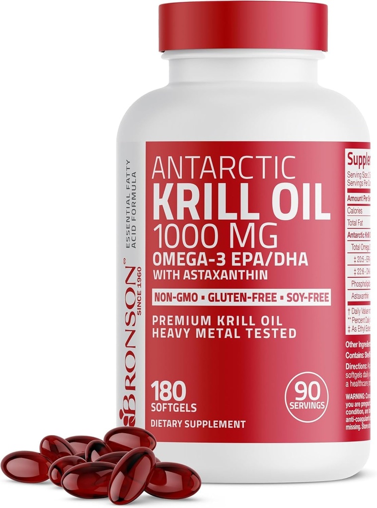 Bronson Antarktiskrillolje 1000 mg med Omega-3s EPA, DHA, Astaxanthin og fosfolipider 180 Softgels