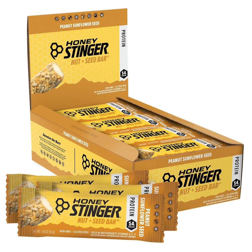Honning Stinger Nut + Seed Bar, Peanut Sunflower frø, Protein pakket mat for øvelse, utholdenhet, ytelse og gjenoppretting, Sport Ernæring Snack Bar for hjem og gym, Post Trening, Boks med 12