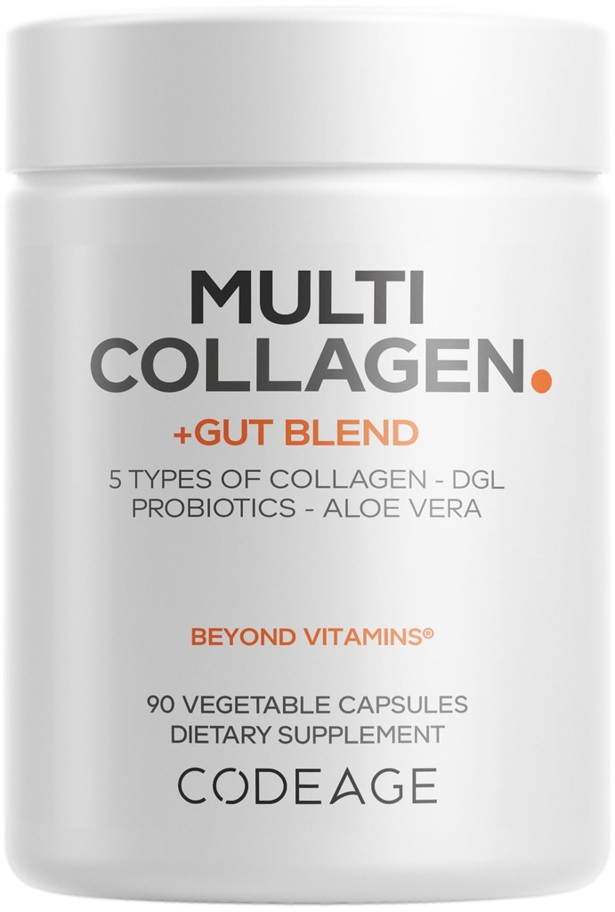 Codeage Multi Collagen + Gut Blande Supplement - Digestive Probiotika, DGL Licorice, Aloe Vera, Organic Peppermint Leaf, Slippery Elm - Hydrolysert Bovine Collage Pills - Non-GMO - 90 Kapsler