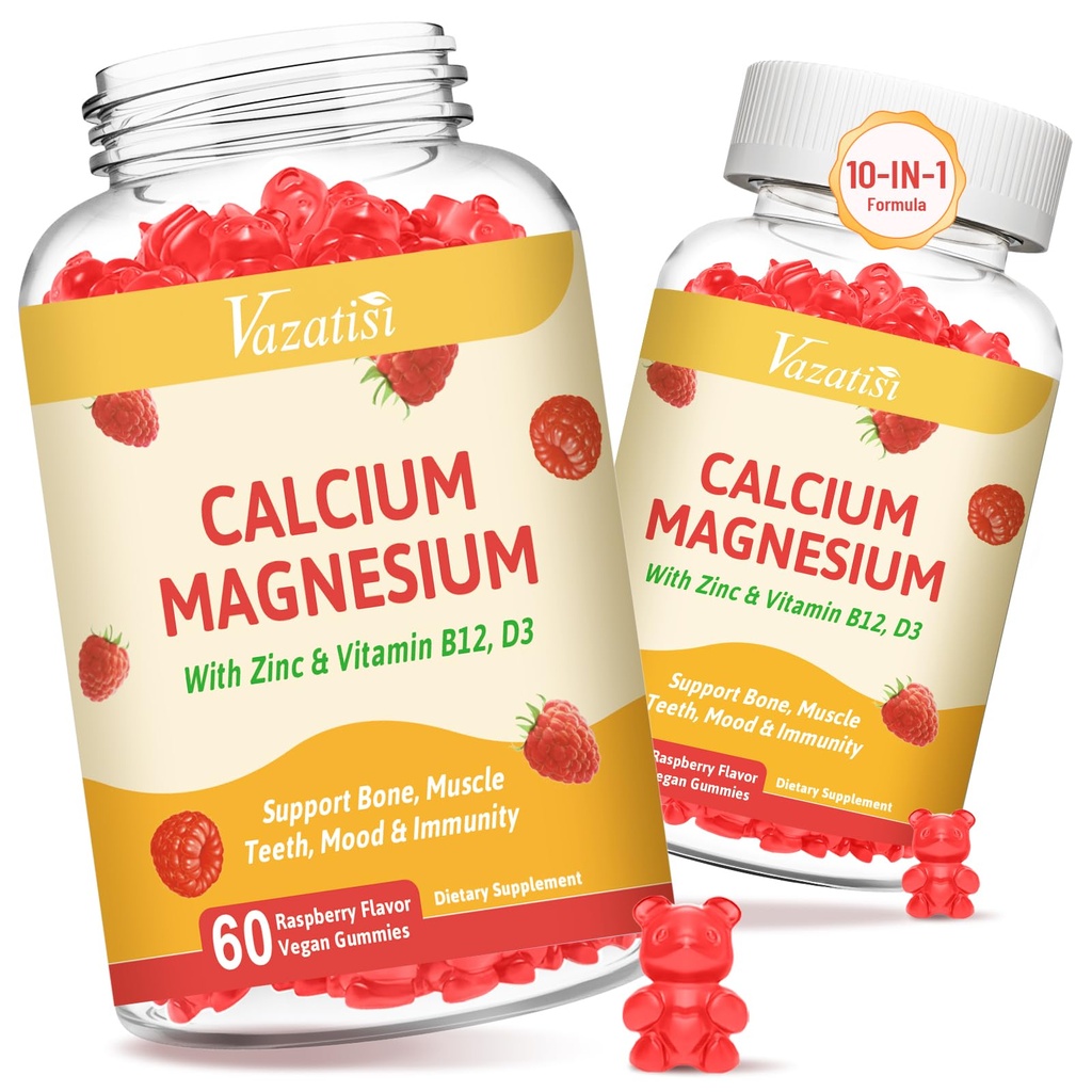 2 Pack kalsium gummier med magnesium, sink, vitamin D3 & B12, kalsiumtilskudd for kvinner menn, støtte bein, muskel og immunitet, 120 vegansk bringebær gummi