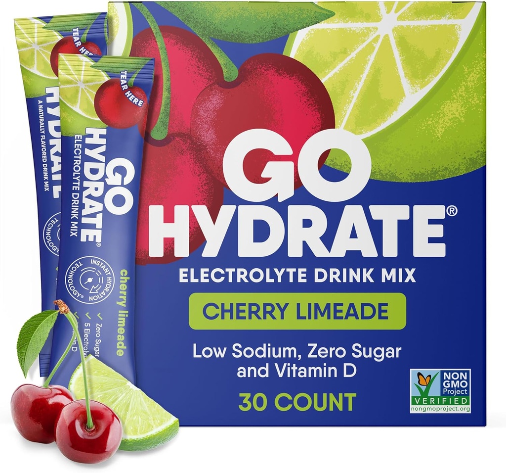 GoHydrate Lav natriumelektrolytter pulverpakker sukkerfri - Instant Hydration daglig drikke blanding - Zero sukker vannflavor pakke singler med vitamin D - (Cherry Limeade, 30 pakker)