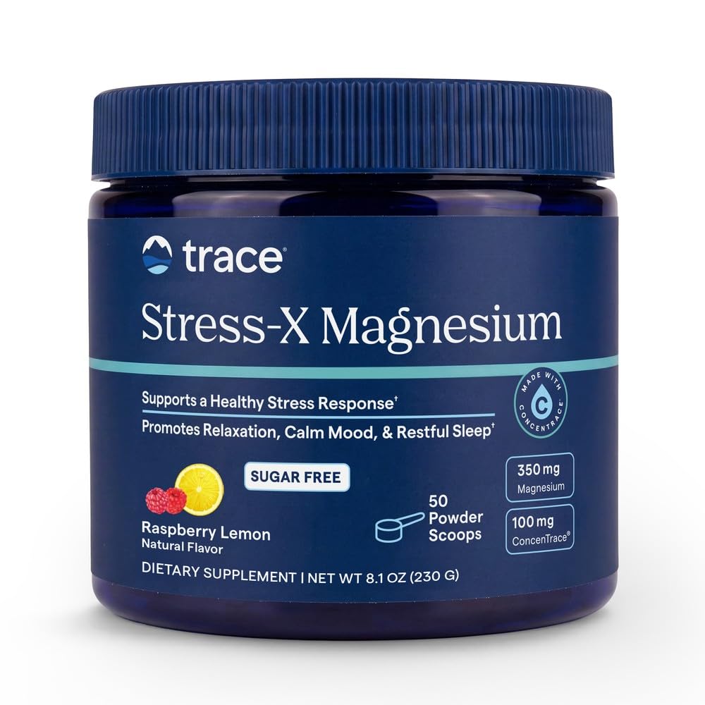 Trace Minerals | Stress-X Magnesium pulver | Stress Relief, Regelmessighet, Slapp av, Søvn, Energi, Avslapper Muskler, Cell funksjon | Ikke-GMO, Glutenfri, og Certified Vegansk | bringebær Lemon Flavor® 8,5 oz