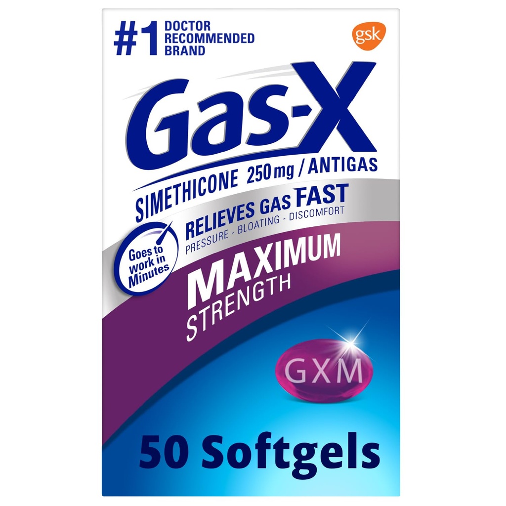 Gass-X Maks styrke Gass Relief Softgels med simetikon 250 mg for Bloating Relief - 50 count