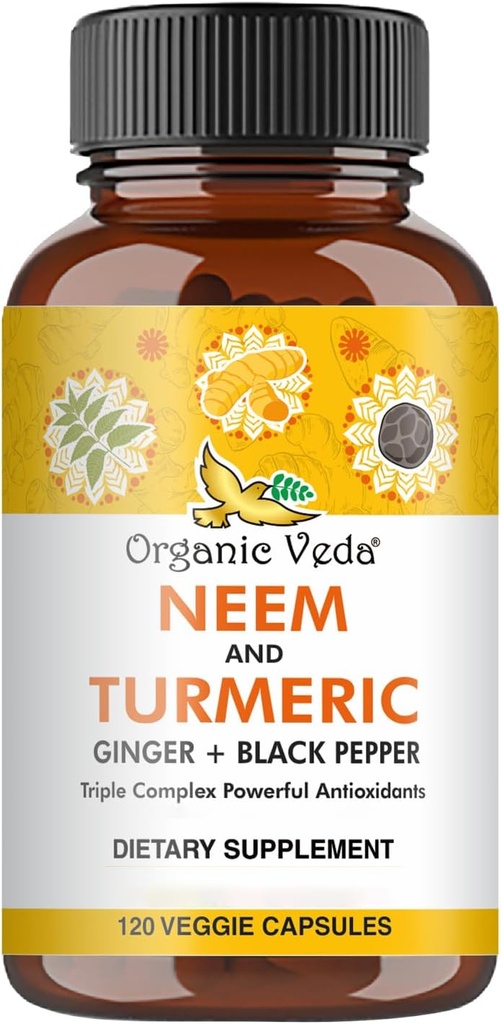 Organic Veda Neem & Turmeric Kapsler med Ginger & Black Pepper - Neem Leaf, Turmeric, Ginger, Black Pepper Capsule Supplement - Vegansk, Ikke-GMO - 120 Count