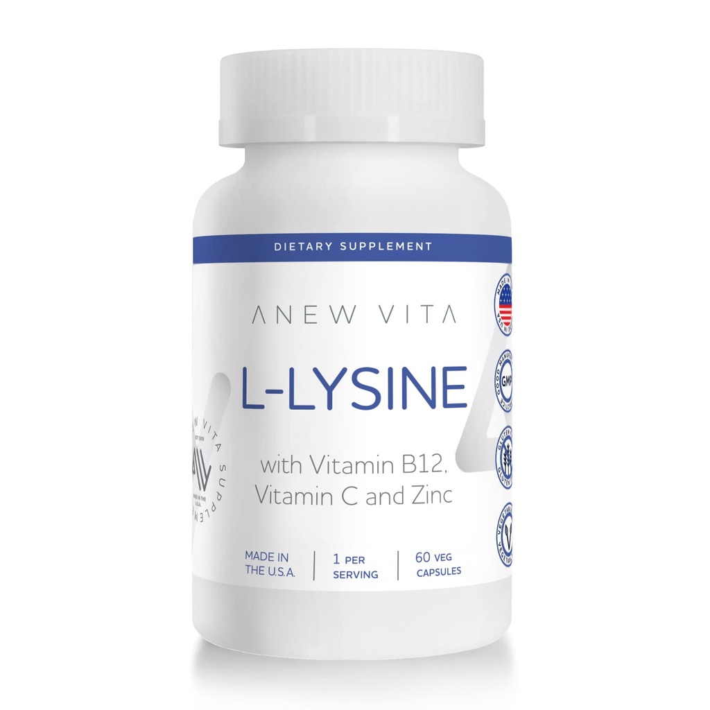 L-Lysine Supplement med vitamin B12 + C + sink for leppe, munn og munnvev helse - forbedret velvære støtte - ikke-GMO, Glutenfri - laget i USA - 60 grønnsaker kapsler, 500 mg