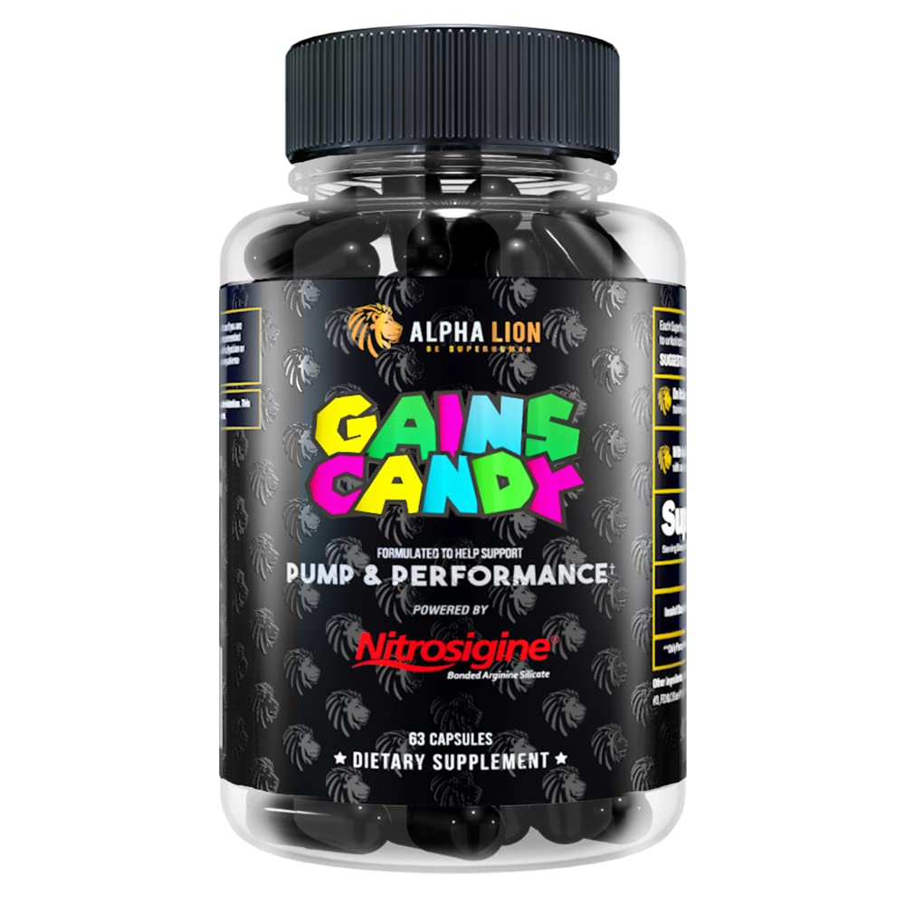 ALPHA LION Gains Candy, Supplement piller for muskelpumpe og blodstrøm, Nitric Oxid Booster, støtter mental fokus, bruk daglig for å oppgradere trening ytelse, 63 kapsler (nitrosigine)