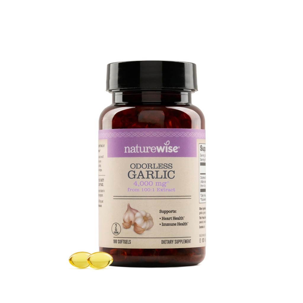 NatureWise Odorless hvitløk Supplement 4000mg - Ultra Potent 100:1 Ekstrakt - sunn kolesterol formel, hjerte helse støtte - ikke-GMO, Glutenfri, med Halal Gelatin - 180 Teller[90-dagers forsyning]