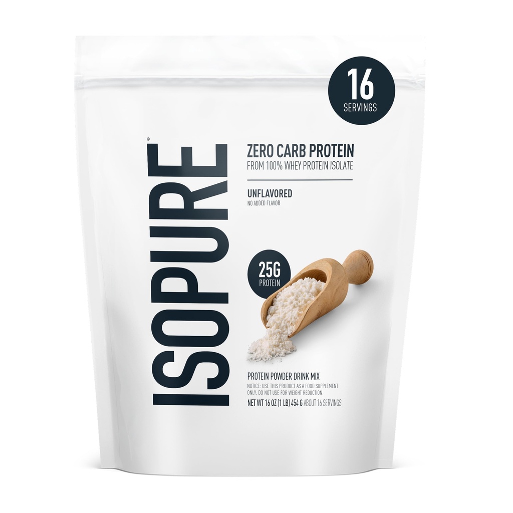Isopure Zero Carb 100% ren Whey Isolate Protein pulver, Laktose Gratis, Glutenfri, med vitaminer, uflavorert, 25g Protein Per Serving, 1 Lb, 16 Serveringer (Packering May Vary)