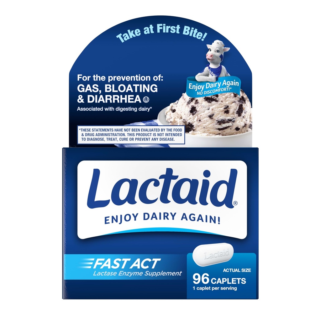 Lactaid Fast Act Laktose Intolerance Caplets med Lactase Enzyme, Dairy Relief fra gass, Bloating & Diarhea, 9000 FCC Lactose Intolerance Pills, 96 Individual Travel On-The-Go Packs (96 x 1 ct)