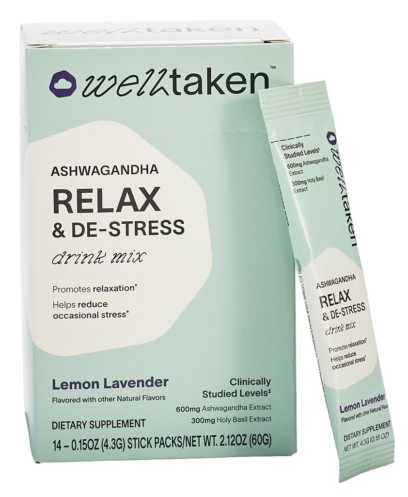 Ashwagandha Relax & De-Stress Powder - Lemon Lavender 14ct Box - 600mg Ashwagandha, 200mg L-Theanine, Holy Basil – Støtter Stress, Relaxation – Vegansk, Ingen tilsatt sukker - 14 Serveringer