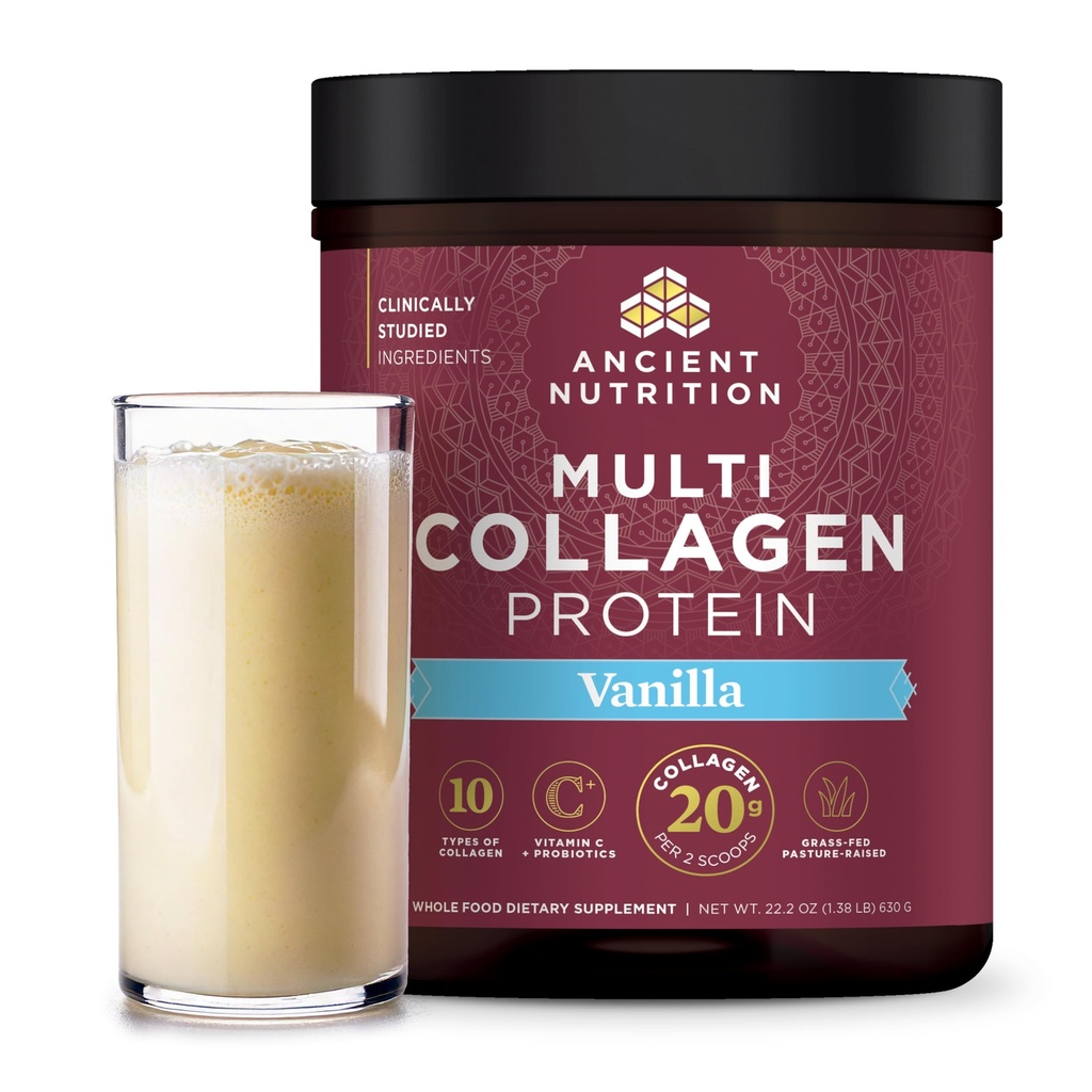 Gamle ernæringskollagen peptider pulver, multi kollagenprotein, kvinner og menn, Vitamin C, Probiotika, Hydrolysert kollagen, støtter hud, ledd, Gut Health, Vanilla, 60 Serveringer