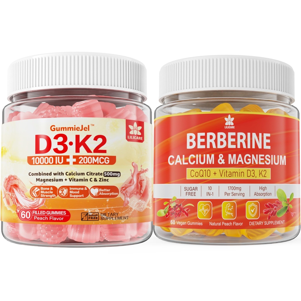 Sukkerfri vitamin D3 K2 Gummies med kalsium, magnesiumcitrat, vitamin C + Berberin Supplement Gummies, med Liposomal Berberin & Berberin HCI, kalsium, magnesium