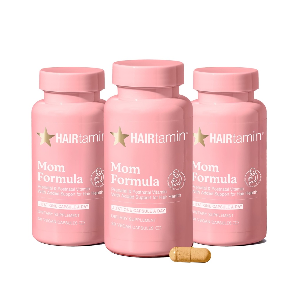 HAIRtamin MOM Vegansk Prenatal & Postnatal Multivitamin Kapsler & Håret Vitaminer, Postpartum, Brystmating, Hår Nagler og Hudvitaminer for kvinner med biotin, sink, jern (3-Pack)