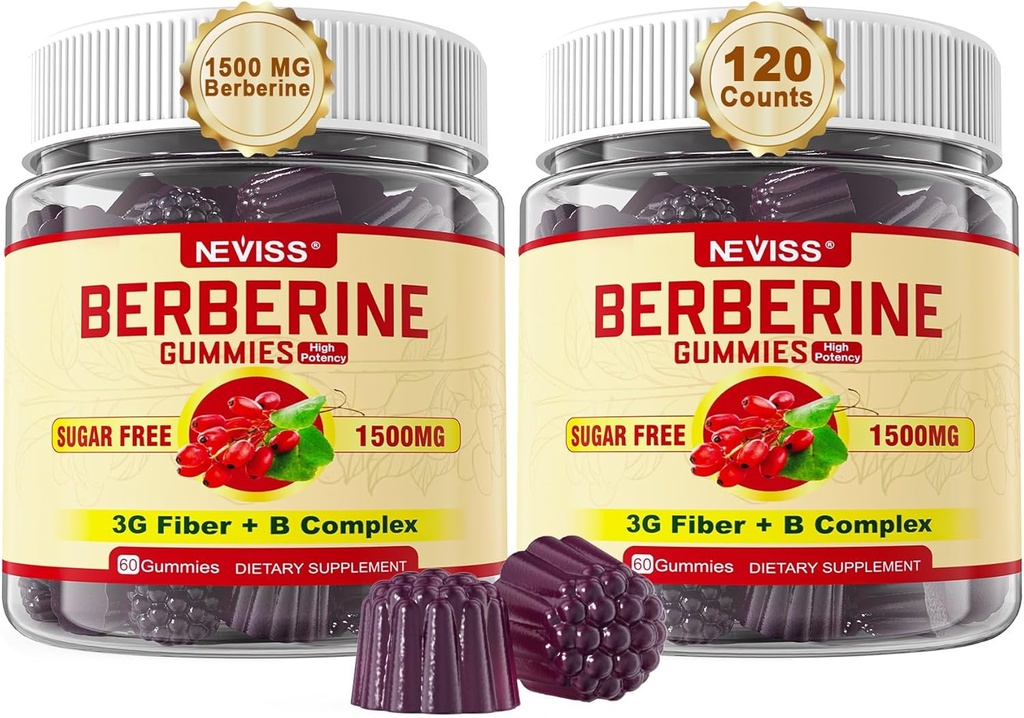 NEVISS Berberine Supplement 1500mg, AMPK aktivator med 3G Prebiotic Fiber, B1 B3 B6, Sukkerfri Berberine HCL Gummies for kvinner og menn - støtter immunsystem, Digestive, 2pack 120 Cts