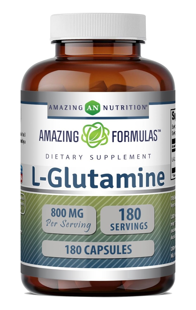Amazing Formler L-Glutamine Aminosyre Supplement | 800 Mg Per Serving | 180 Kapsler | Ikke-GMO | Glutenfri |