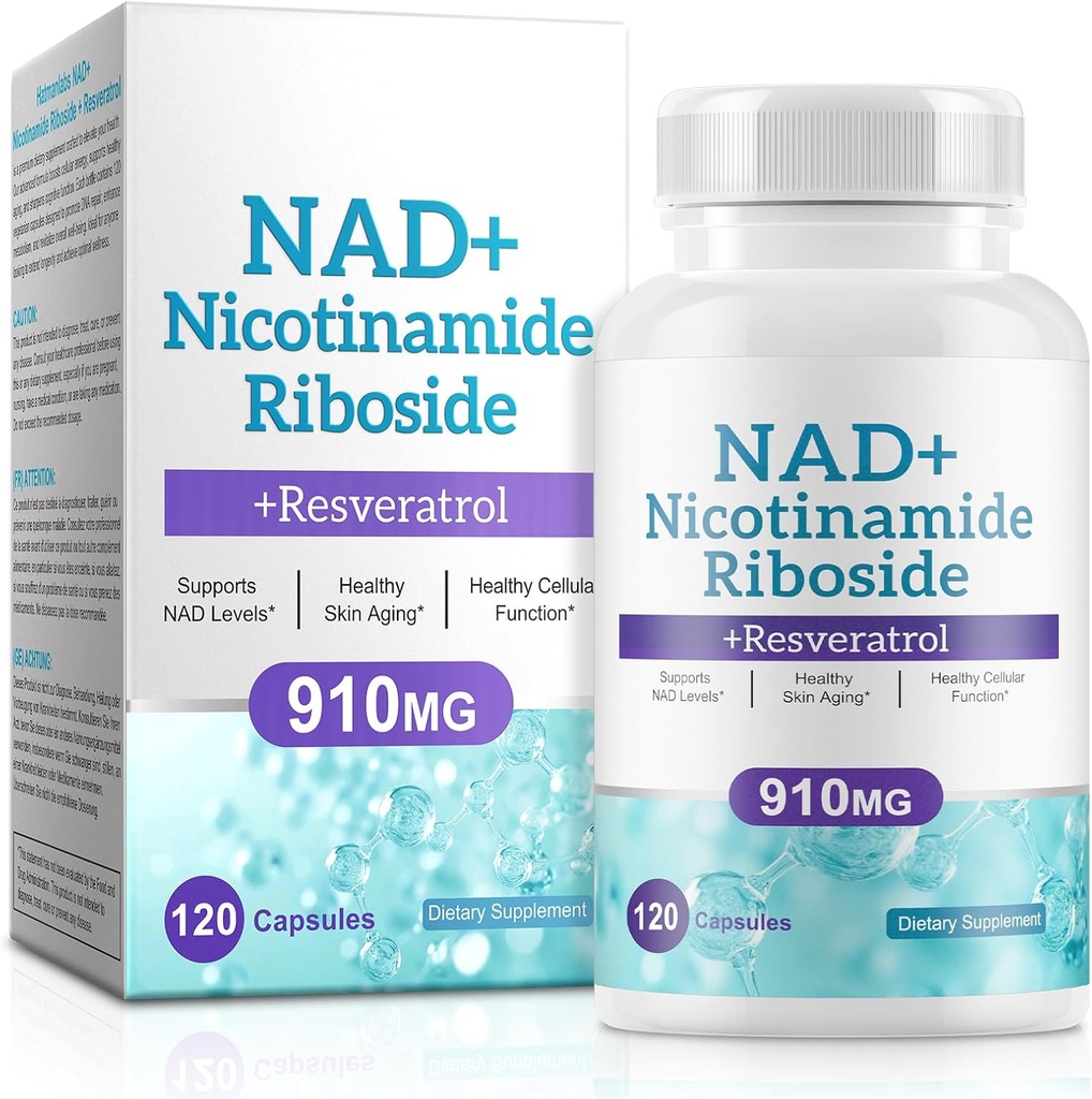 NAD Supplement for menn og kvinner - Liposomal Nicotinamid Riboside, Quercetin, NAD+ Supplement med Resveratrol 910mg - støtter muskel, hjerne, energi, 120 kapsler
