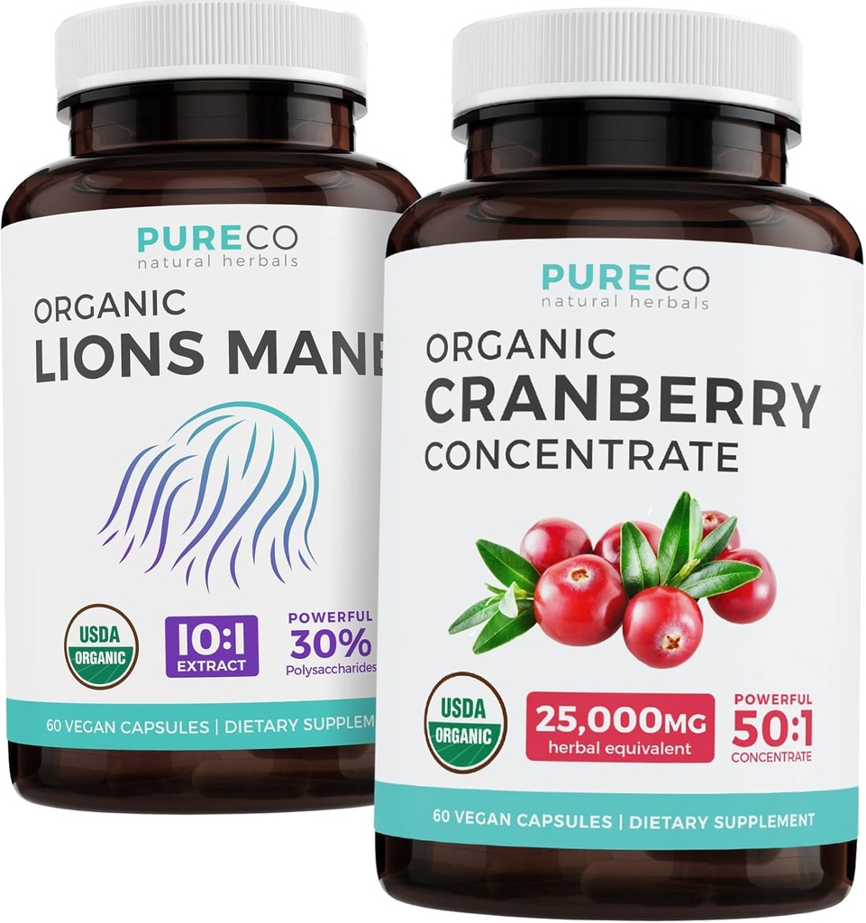 Spar $ 4 (12% avslag) - Mind & Body Bundle - Organic Cranberry Concentrate (50:1 Koncentrate - lik 25 000 mg ferske tranebær) og organiske løver Mane (10:1 ekstrakt - likes 10 000 mg mushrooms)