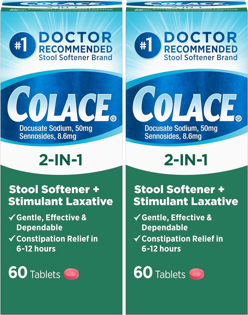 Colace 2-i-1 Stool Softener Plus Stimulant Laxativ for Gentle Effektiv Pensum Relief, Docusate Natrium Plus Sennosider, 60 greve (pakke på 2)