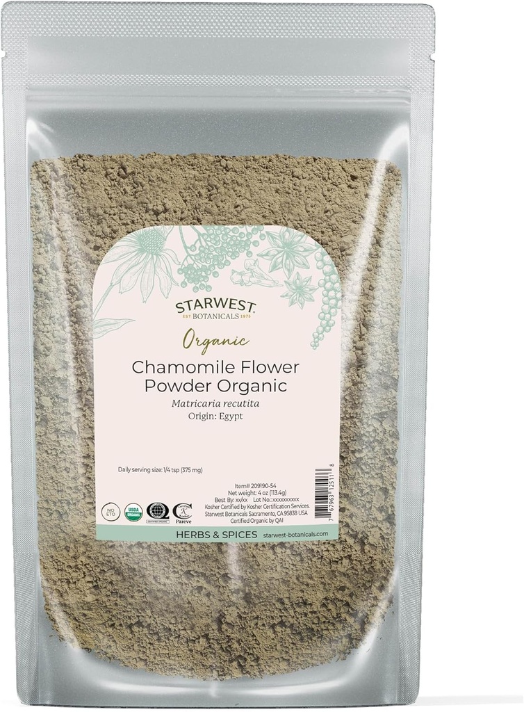 Starwest Botanicals Organic Kamille Blomsterpulver - Tørket Loose Leaf Urt for Te, Herbal Lotions, & Baking, Kilder fra Egypt, sertifisert Kosher, Ikke-GMO - 4 oz Pouch