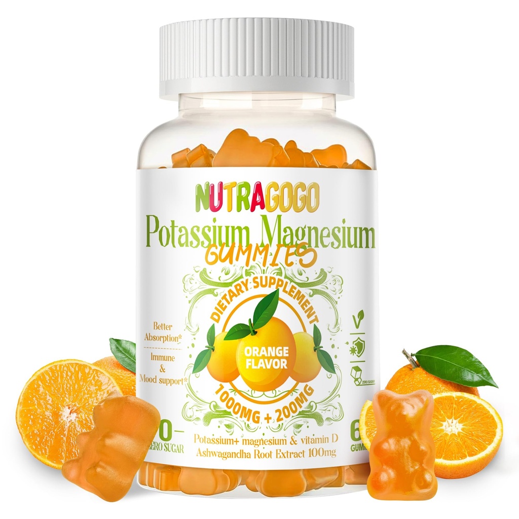 Kalium Magnesium Gummies, Potasium Supplement w/Ashwagandha, høy absorpsjon Magnesium Glycinat, B6,D3, Potasium Citrat for benkramper,Muskel,Electroyte for voksne barn,Sugar-fri, 60 Gummies