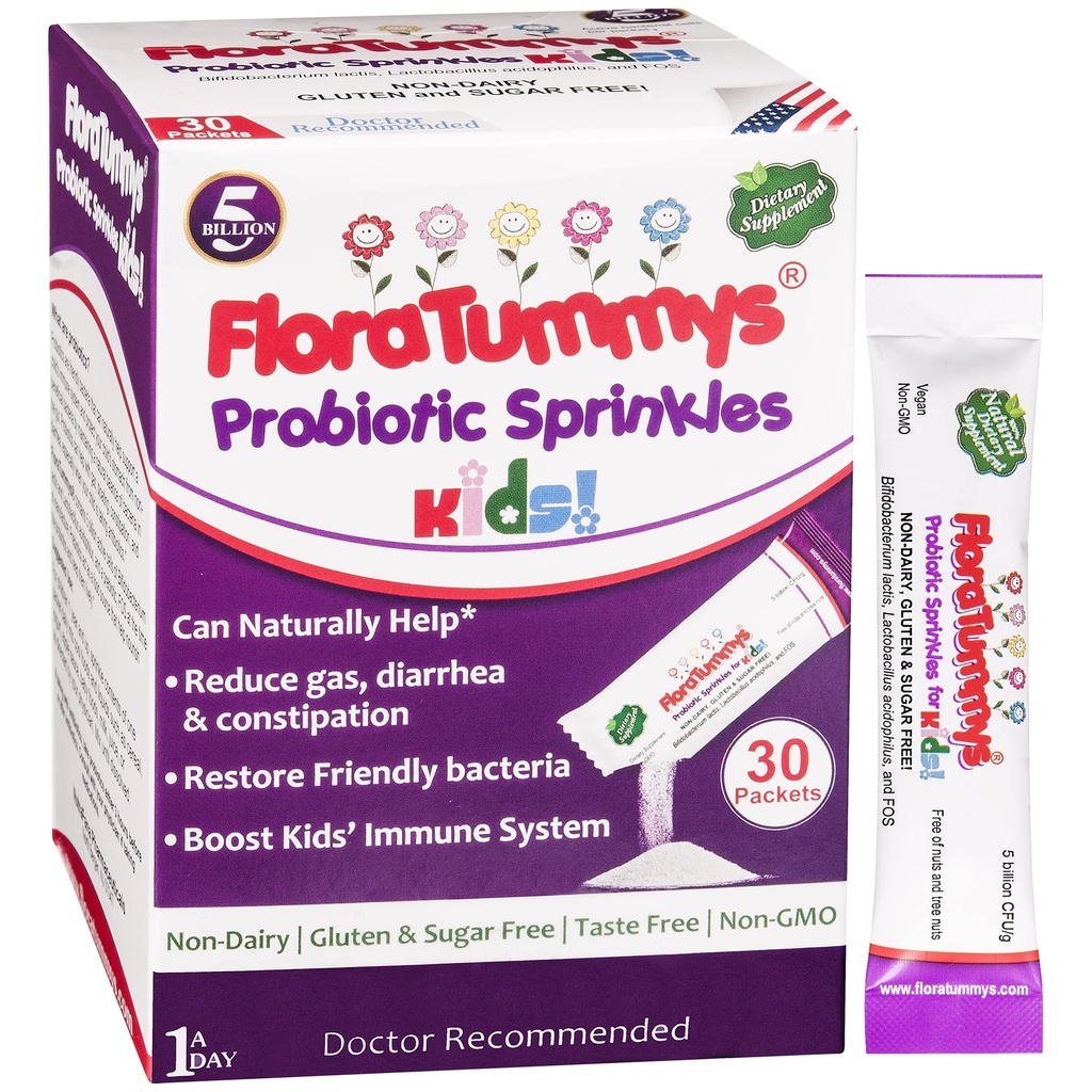 FloraTummys Probiotika for barn: 30 smaksfrie pulverpakker, Gratis av matallergier, ikke-dampende, Glutenfri, Sukkerfri, Ikke-GMO, Vegan