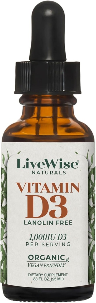LiveWise Naturals Organic vitamin D3 flytende dråper, Vegan, Ikke-GMO, Plantebasert, 200 IU per dråpe, støtter immun, bein og humør helse, Easy-to-Absorb, i MCT Olje 1000 IU