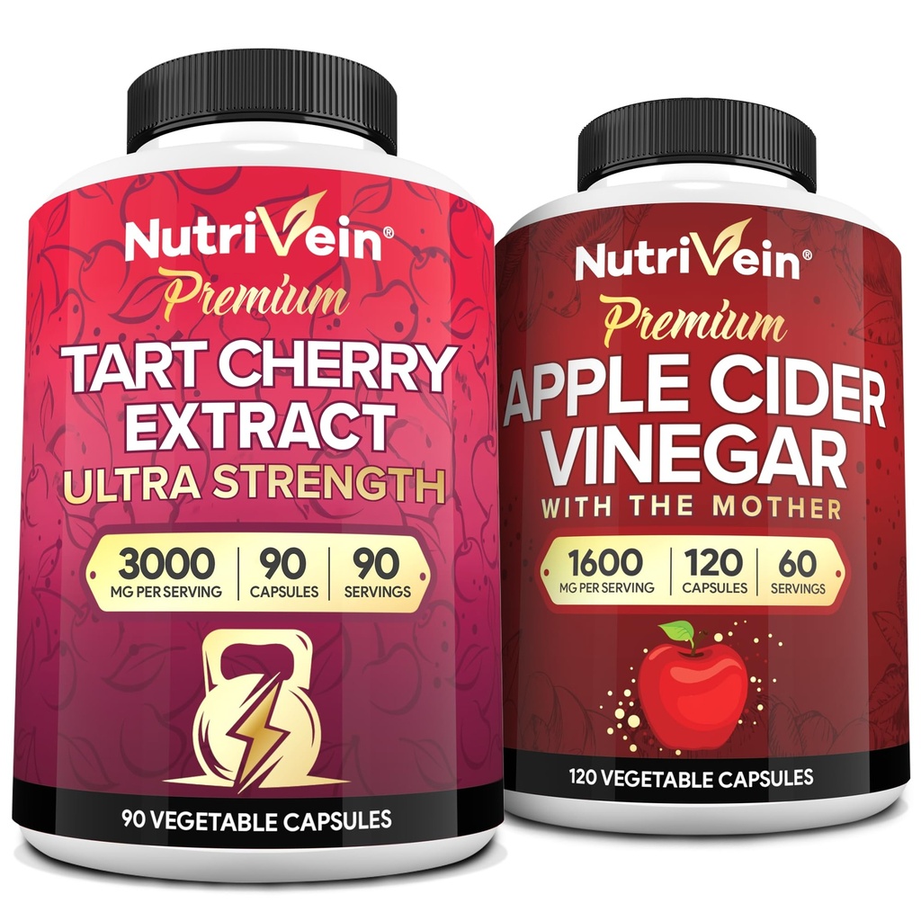 Nutrivein Premium Tart Cherry 500mg & Apple Cider Vinegar 1600mg Bundle - Muscle Recovery & Uric Acid Cleanse Plus Digestion støtte & vektkontroll - Ikke-GMO, Vegan / vegetarian - 90 + 120 piller