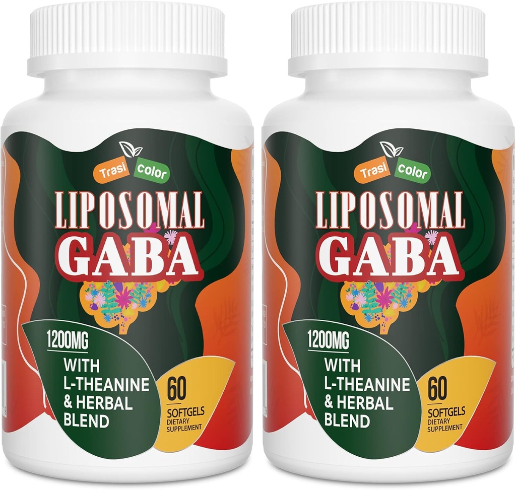 Liposomal GABA med L-Theanine kosttilskudd 1200mg - høy absorpsjon GABA Kompleks med Ashwagandha, Kamille, Tart Cherry Herbal Supplement for menn og kvinner, 120 Softgels