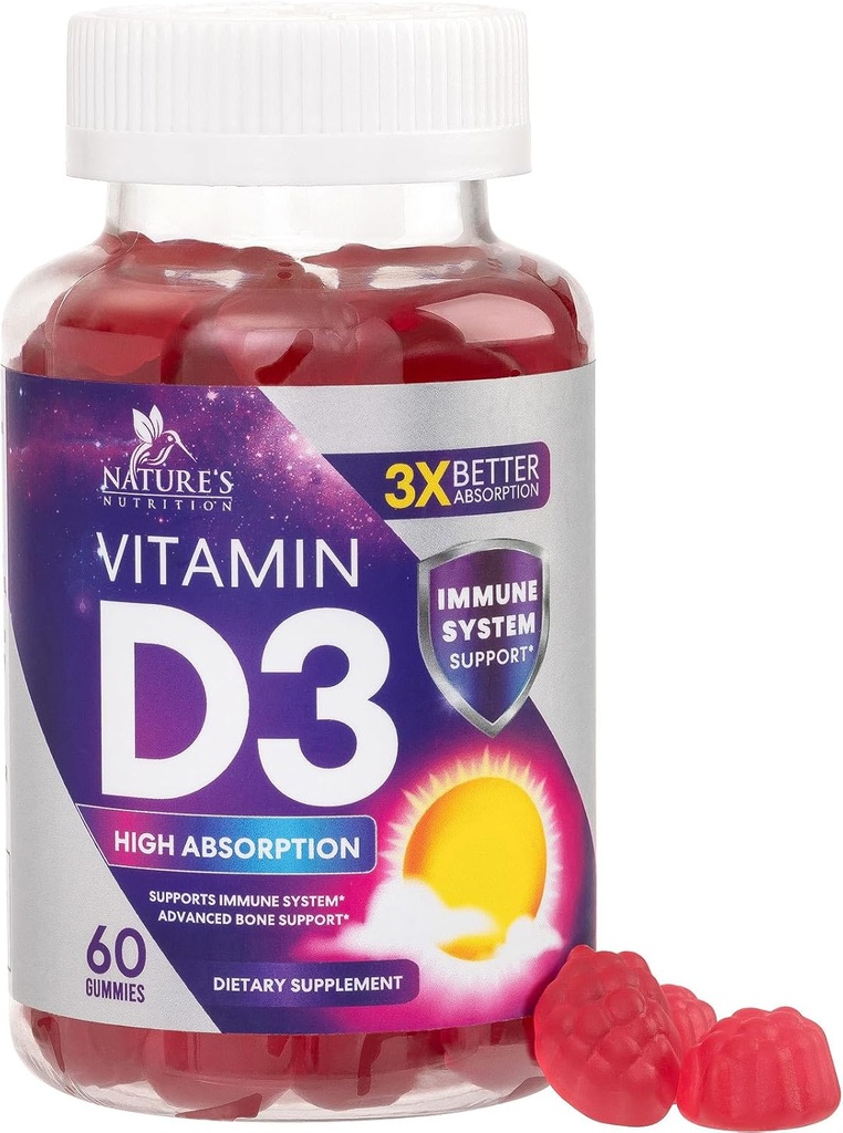 Vitamin D3 Gummy 5000 IU (125mg) - Diett vitaminer D Supplement for kvinner og menn - Bein, tenner, muskel og immun helse støtte, høy styrke VIT D3 Naturens ikke-GMO & Glutenfri - 60 Gummies