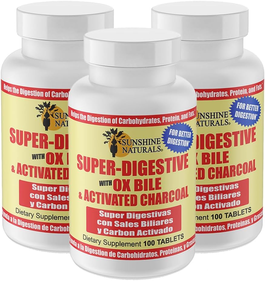 Sunshine Naturals Super Digestive Supplement. Ox Bile & Aktivert Charcoal for Digestive Support, Bleating Relief, Gut Cleanse, Nutrient Absorpsjon og Overordnet velvære. 100 tabletter. Pakke med 3