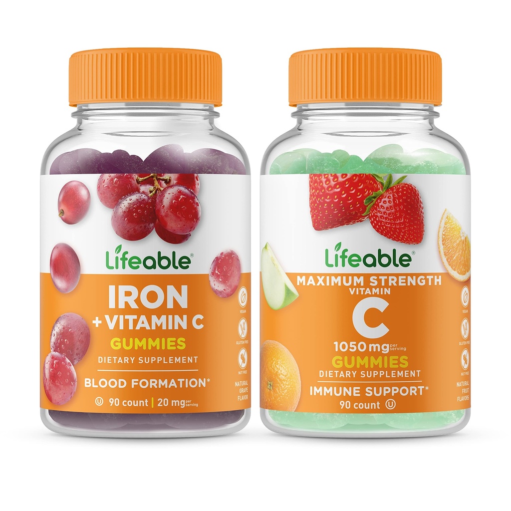 Livbar jern med vitamin C + vitamin C 1050mg, Gummies Bundle - Great Tasting, vitamin Supplement, Glutenfri, GMO Gratis, Chewable Gummy