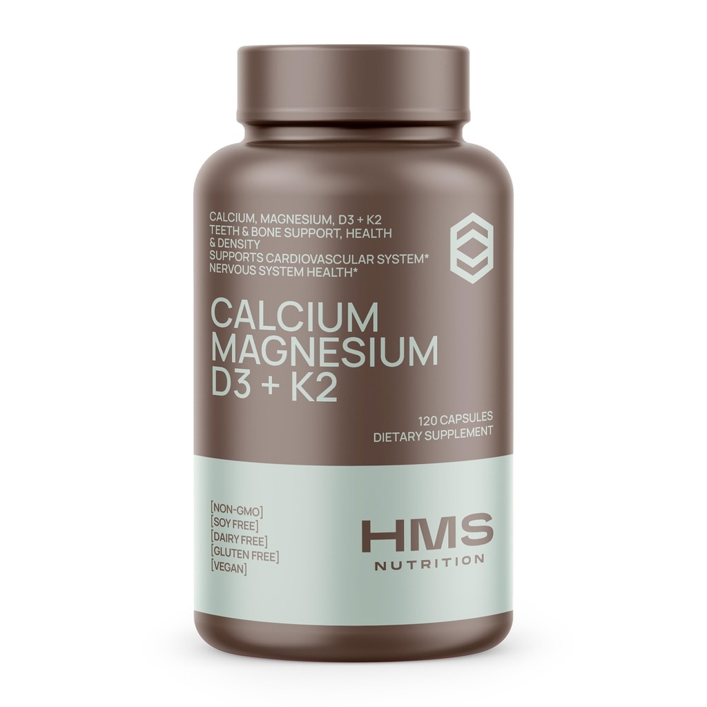 Kalsium, magnesium, vitaminer D3 + K2 for bein helse, immunstøtte, bein og tenner kalsium Supplement for kvinner og menn, ikke-GMO, Glutenfri, 120 kapsler
