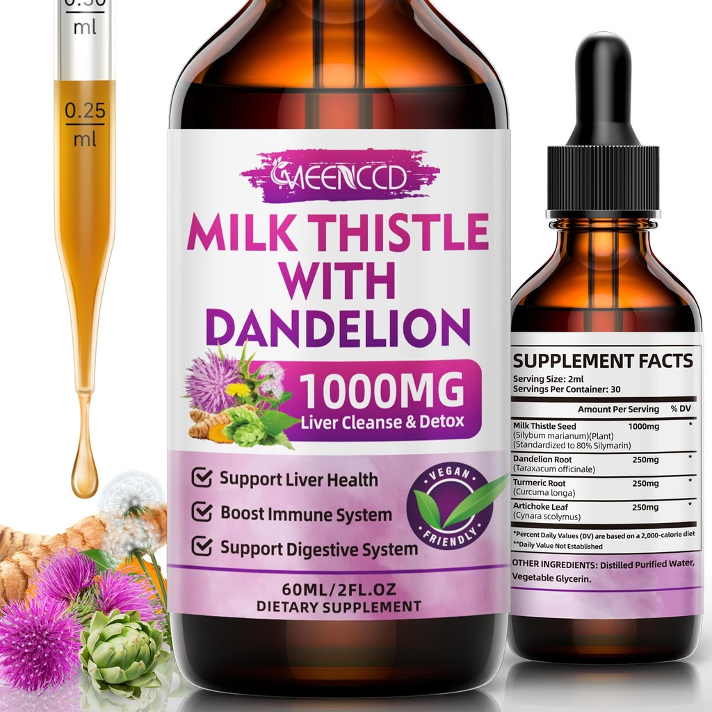 MEENCCD Melk Thistle flytende dropper - Melk Thistle Supplement med Silymarin, Antioksidant støtte, Vegansk, Ikke-GMO, 2 Fl Oz