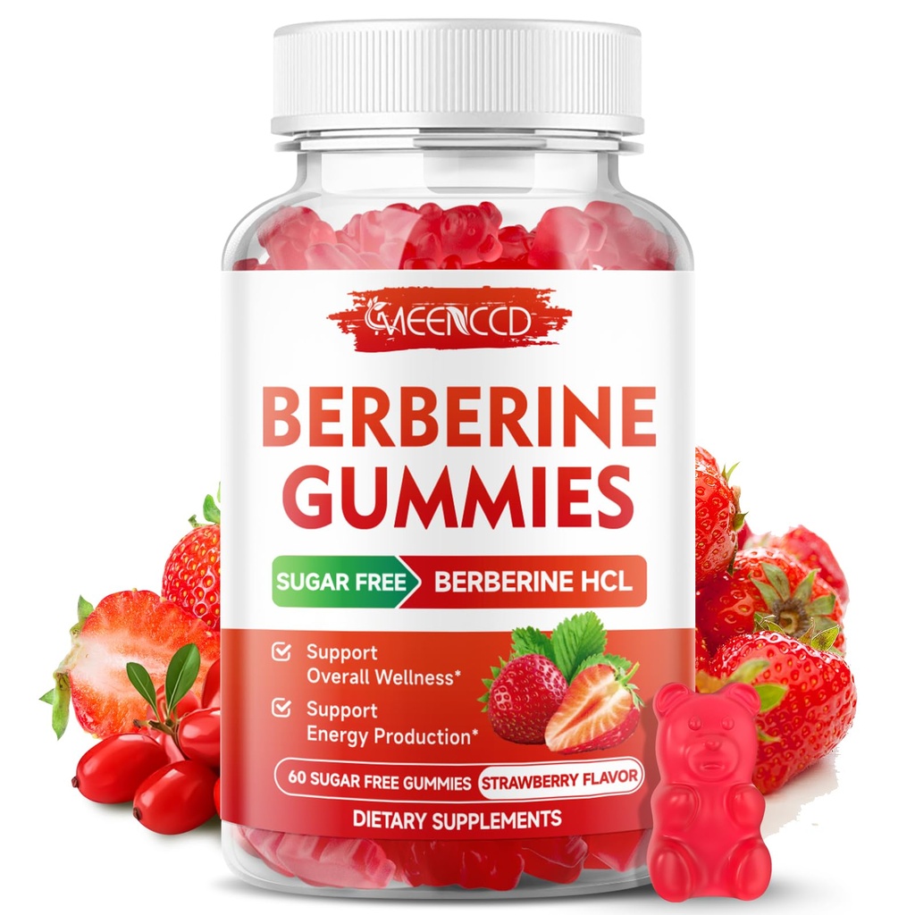 Berberine Gummies med ceylon kanel 1500 mg høy potens Berberine HCL Supplement for immun støtte, sukkerfri, vegansk, jordbær flavor, 60 greve