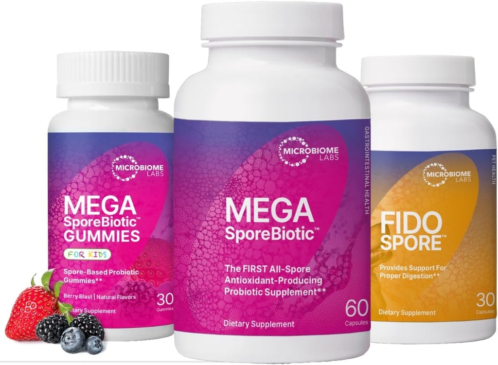 Microbiome Labs Hele familien Probiotic Bundle - MegaSporeBiotic for voksne, probiotiske Gummies for barn, og FidoSpore Probiotika for hunder og katter